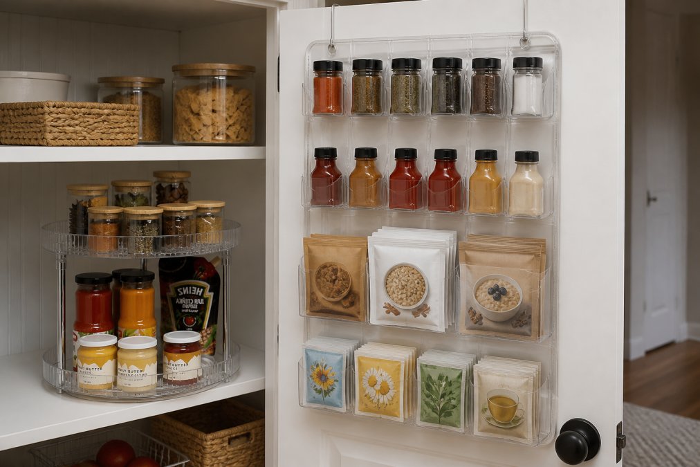 An open pantry door with a mounted clear-pocket over-the-door organizer displaying various packaged spices, small condiment bottles, instant oatmeal packets, and tea bags organized in labeled compartments