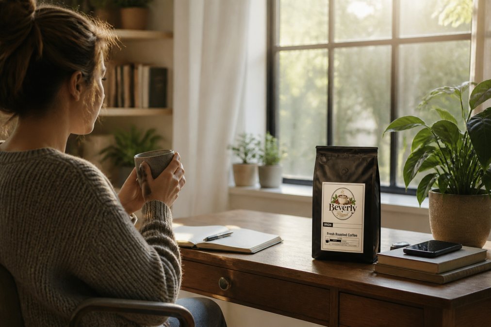 Remote worker at home office desk with freshly brewed specialty coffee in ceramic mug, laptop open with morning sunlight streaming through large window, coffee subscription bag visible on desk