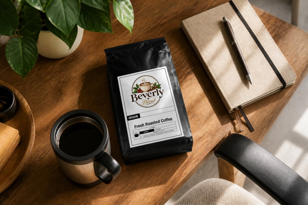 Overhead view of coffee setup on home office desk with travel mug, specialty coffee bag, notebook, and pen ready for workday, morning light on wooden surface