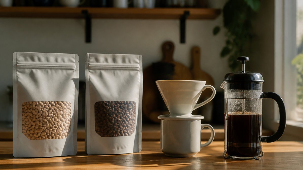 Two bags of whole bean coffee side by side on a wooden kitchen counter, one light roast and one medium roast, with a ceramic pour-over dripper and a French press in soft morning light