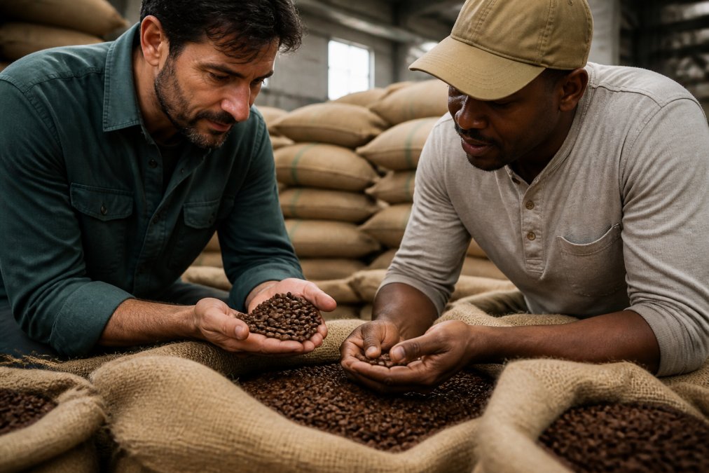 Close-up of freshly roasted coffee beans in a burlap sack with a roasting date label clearly visible, natural lighting highlighting the rich brown bean color and texture variation