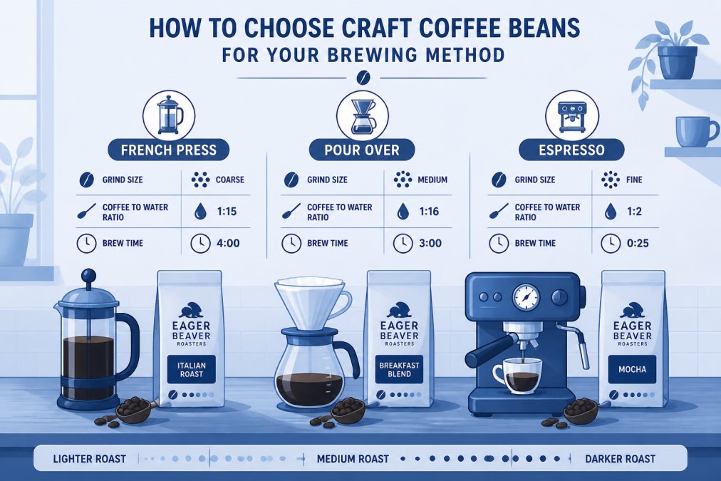 Home coffee setup showing various brewing methods including a French press, pour-over dripper, and espresso machine with bags of specialty coffee beans arranged nearby on a wooden counter in natural morning light