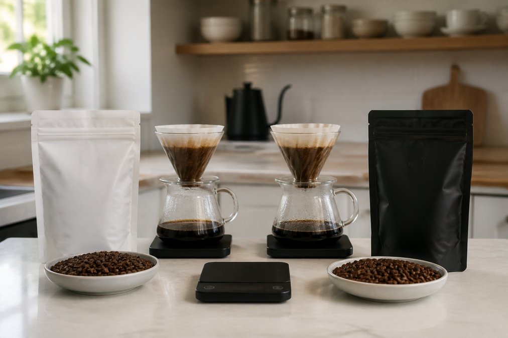 A bright kitchen counter with two bags of freshly roasted coffee beans, a pour-over setup, and a digital scale arranged for a side-by-side tasting