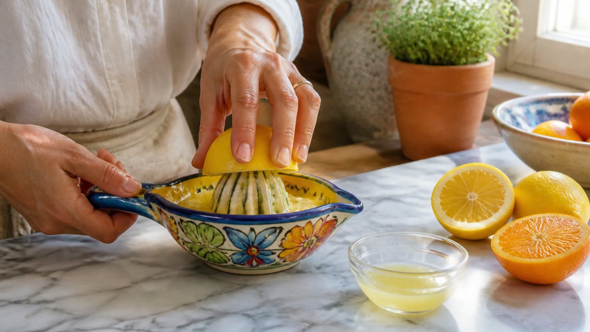 Close-up of hands squeezing a lemon half with a colorful hand-painted manual citrus juicer on a marble kitchen counter, fresh citrus halves and a small glass bowl of juice nearby, soft morning window light