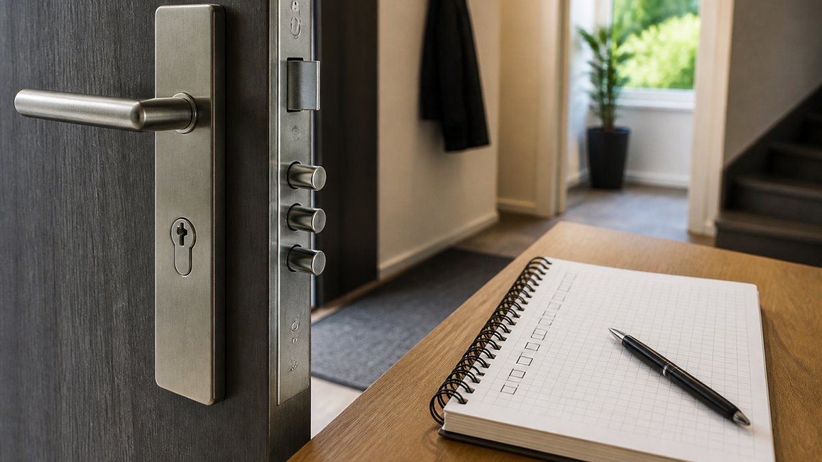 Close-up van een voordeur met een modern gecertificeerd meerpuntsslot en veiligheidsbeslag, naast een geopend notitieblok met een checklist op een tafel in een Belgische woonhal