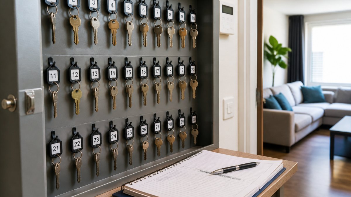 Close-up van een sleutelbeheersysteem aan de muur in een woning, met genummerde sleutelhangers en een logboek op een tafel ernaast