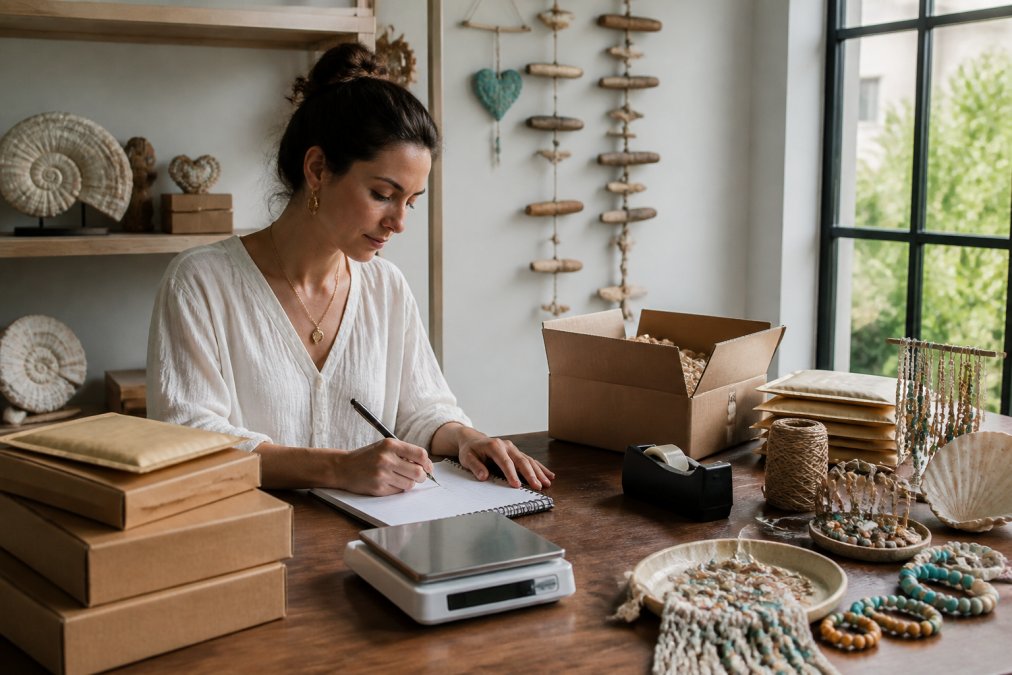 Onderneemster aan bureau met laptop, verpakkingsmaterialen en weegschaal, notities over verzendtarieven zichtbaar, natuurlijk licht van het raam