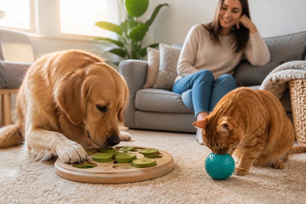 A calm golden retriever and orange tabby cat playing with puzzle feeders and lick balls on a cozy living room rug, with a smiling pet parent watching from a nearby couch in warm afternoon light