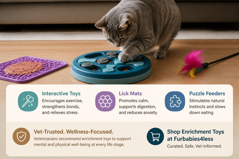 A cat actively pawing at a treat-dispensing puzzle feeder on a living room floor, with a lick mat and a feather wand toy visible nearby, soft natural daylight