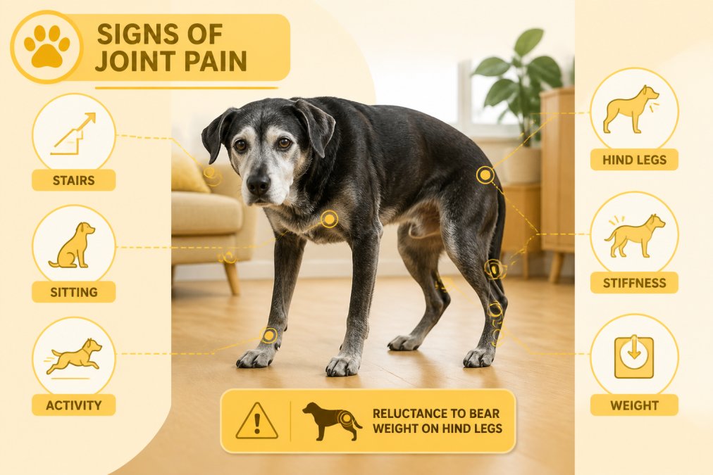 Senior dog with grey muzzle standing stiffly on a hardwood floor, showing reluctance to bear weight on hind legs, photographed in natural home lighting