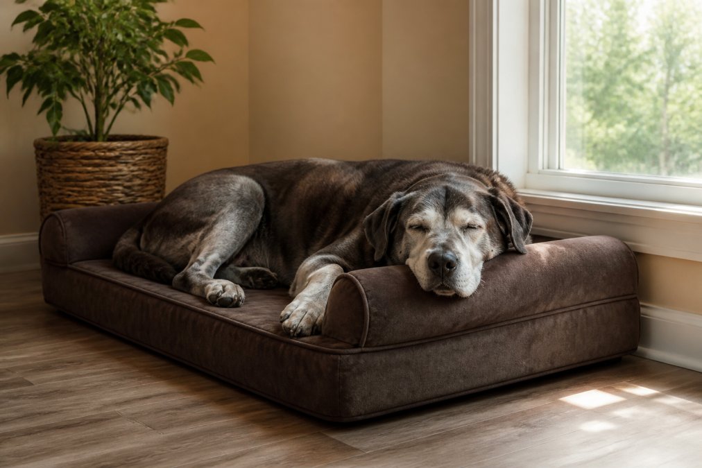 Large senior grey-muzzled dog resting peacefully on a thick memory foam orthopedic bed in a quiet home corner, natural afternoon light streaming through a nearby window