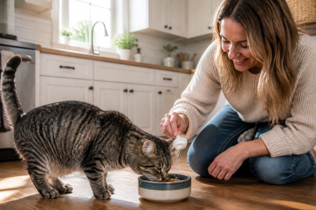 A senior tabby cat eating from a ceramic bowl while an owner's hand sprinkles supplement powder onto the food, bright morning kitchen light