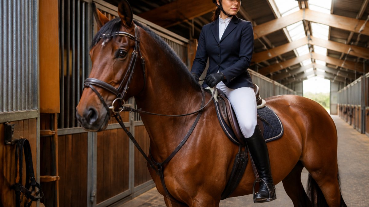 Cavalière professionnelle en tenue d'équitation complète (veste de concours, pantalon technique, chemise blanche) montant un cheval bai dans une écurie moderne bien éclairée
