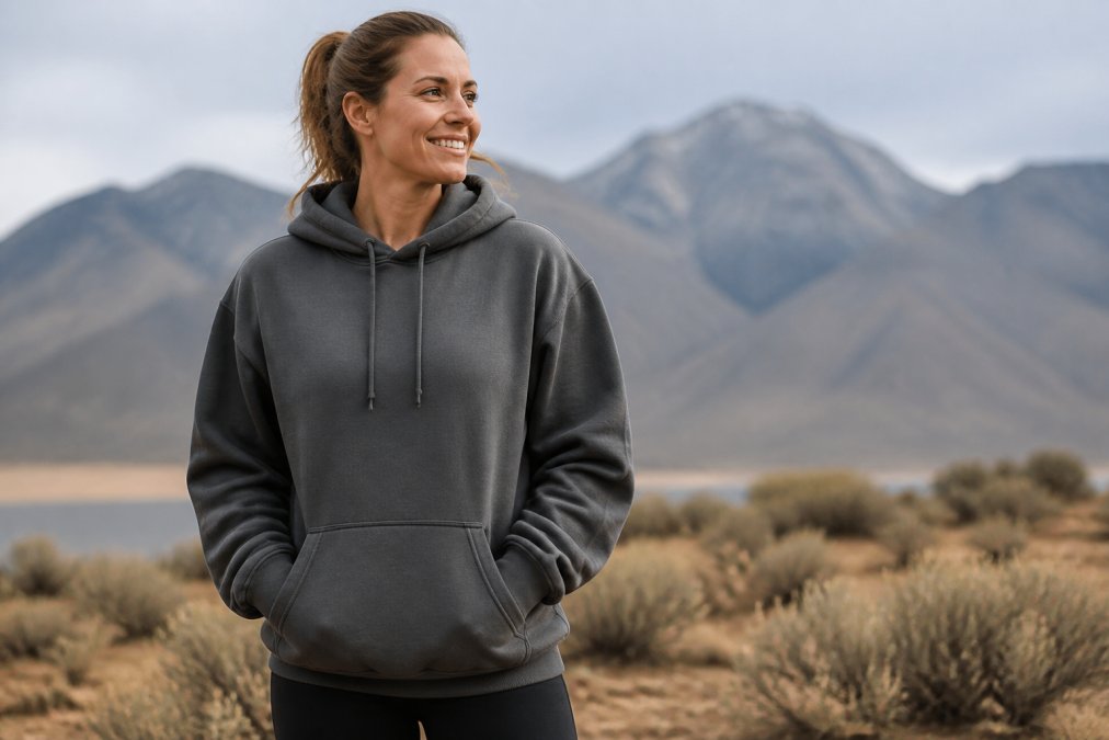 A woman in her 30s wearing a heavy-weight unisex hoodie, smiling, standing outdoors in natural light. The focus is on the comfortable fit of the garment across her shoulders and torso.