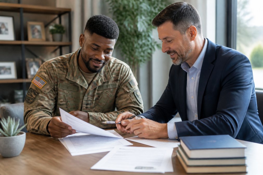Veteran service member in casual attire reviewing home loan documents at a desk with a professional real estate agent in a modern office setting with natural window lighting
