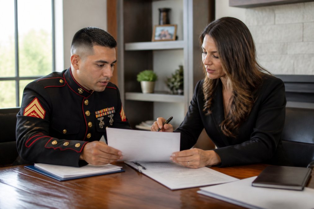 Veteran in dress uniform reviewing Certificate of Eligibility documents with a real estate professional at a wooden desk in a bright office, documents and pen visible