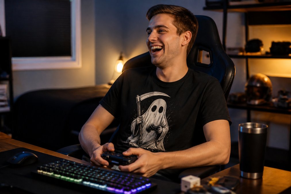 A young adult in a black graphic tee featuring a ghost design sits at a gaming desk with RGB keyboard lighting, laughing while holding a controller during an evening gaming session