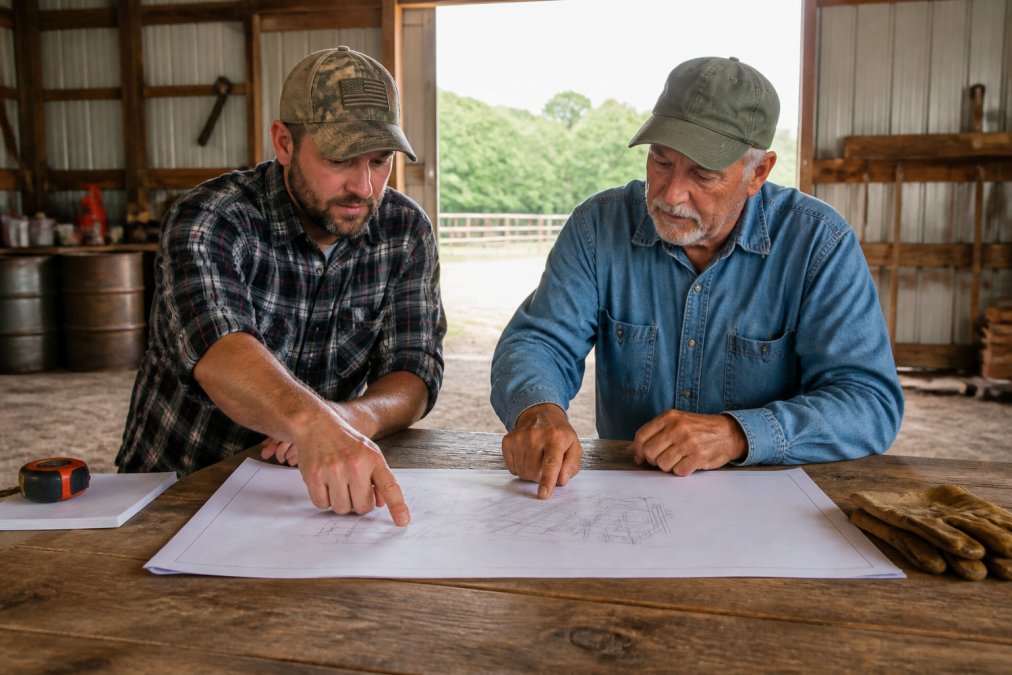 Veteran contractor and farmer reviewing metal building blueprints at a wooden table inside a rustic barn