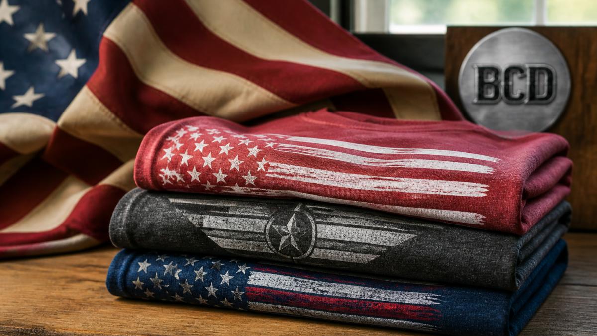 A folded stack of patriotic graphic t-shirts in red, charcoal, and heather navy on a wooden table, with an American flag draped softly in the background and natural window light