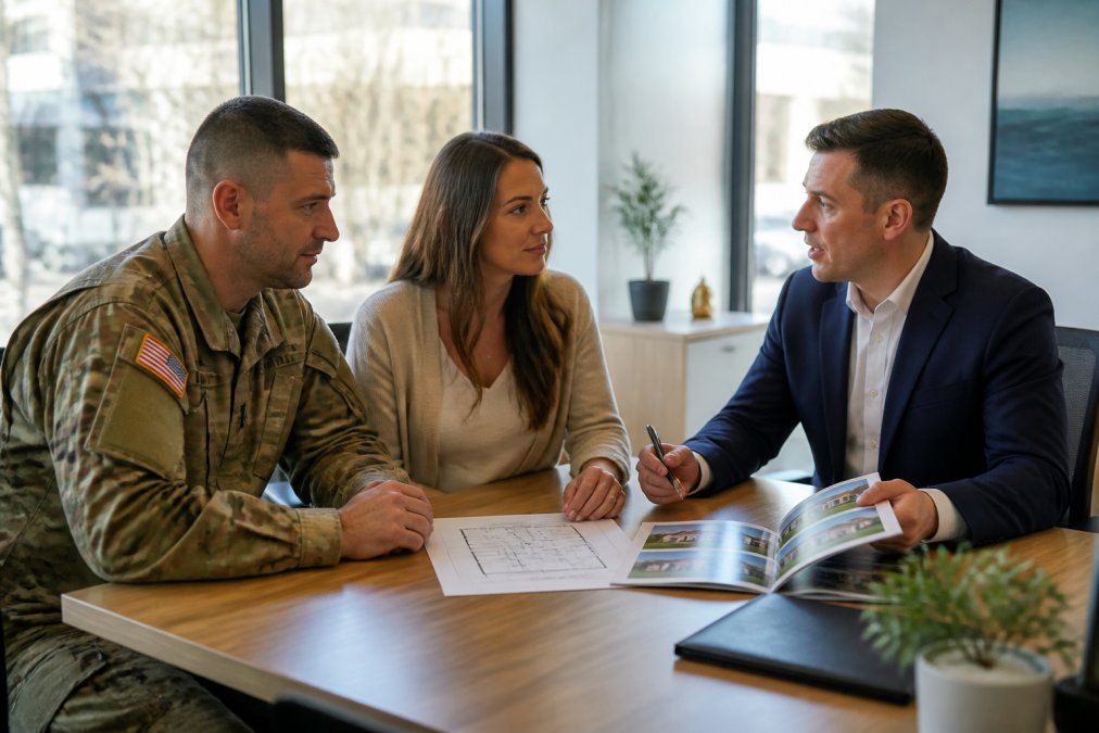 Military family meeting with a real estate agent in a modern office, reviewing property documents and discussing home options with confidence, natural sunlight streaming through large windows