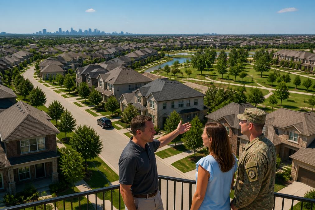 Aerial view of a welcoming North Dallas neighborhood with modern homes, tree-lined streets, and community parks visible, bright natural lighting