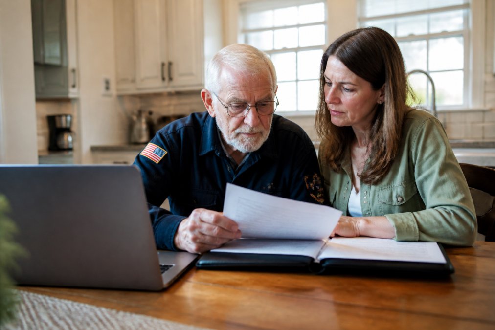 An elderly veteran sitting at a kitchen table with his adult daughter, reviewing a folder of paperwork and a laptop, warm afternoon light through the window