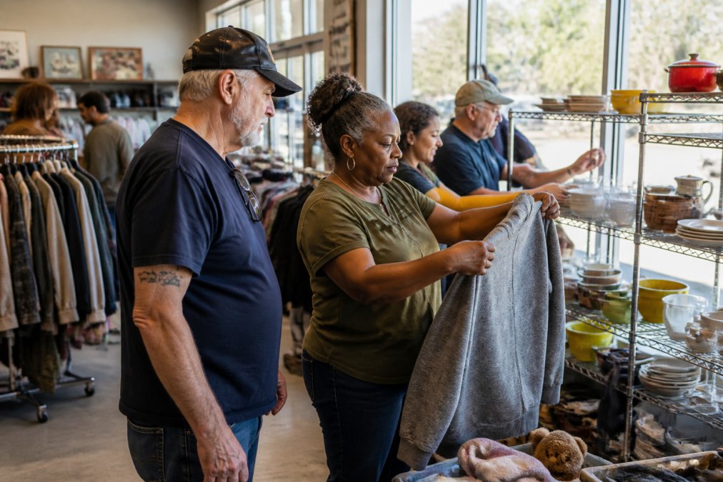 Veterans and community members shopping together at a thrift store, examining clothing and household items on display shelves, natural daylight streaming through store windows