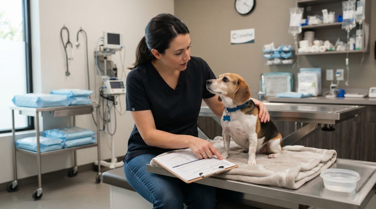 Veterinary technician reviewing pre-surgical checklist paperwork with pet owner in clean, modern surgical center waiting area, natural lighting from large windows