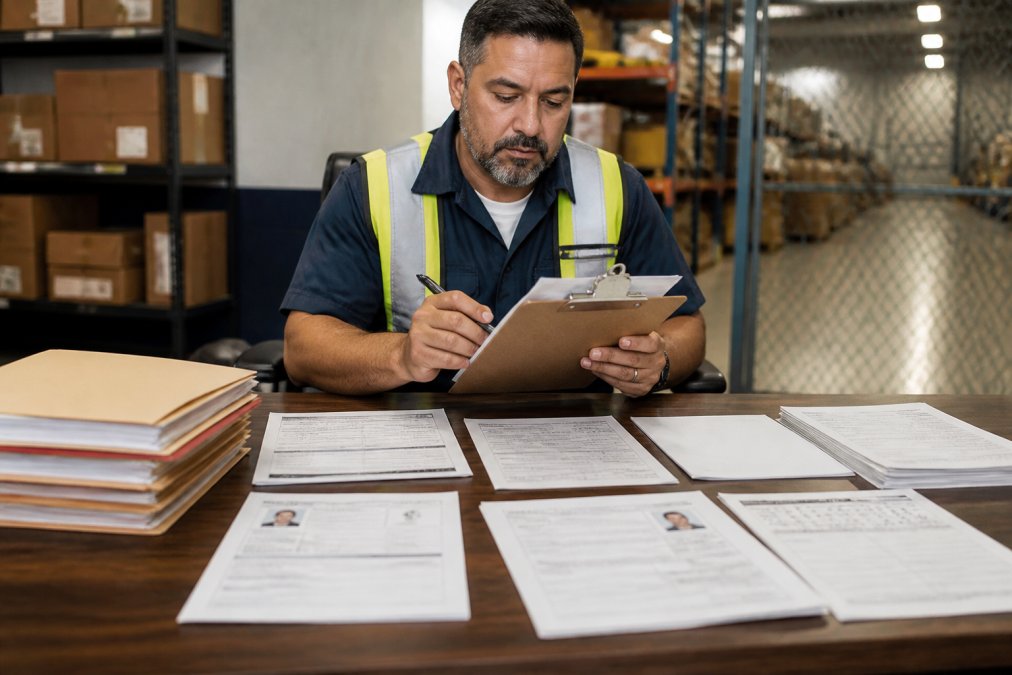 Logistics manager reviewing background checks to meet vetted driver requirements at a warehouse desk