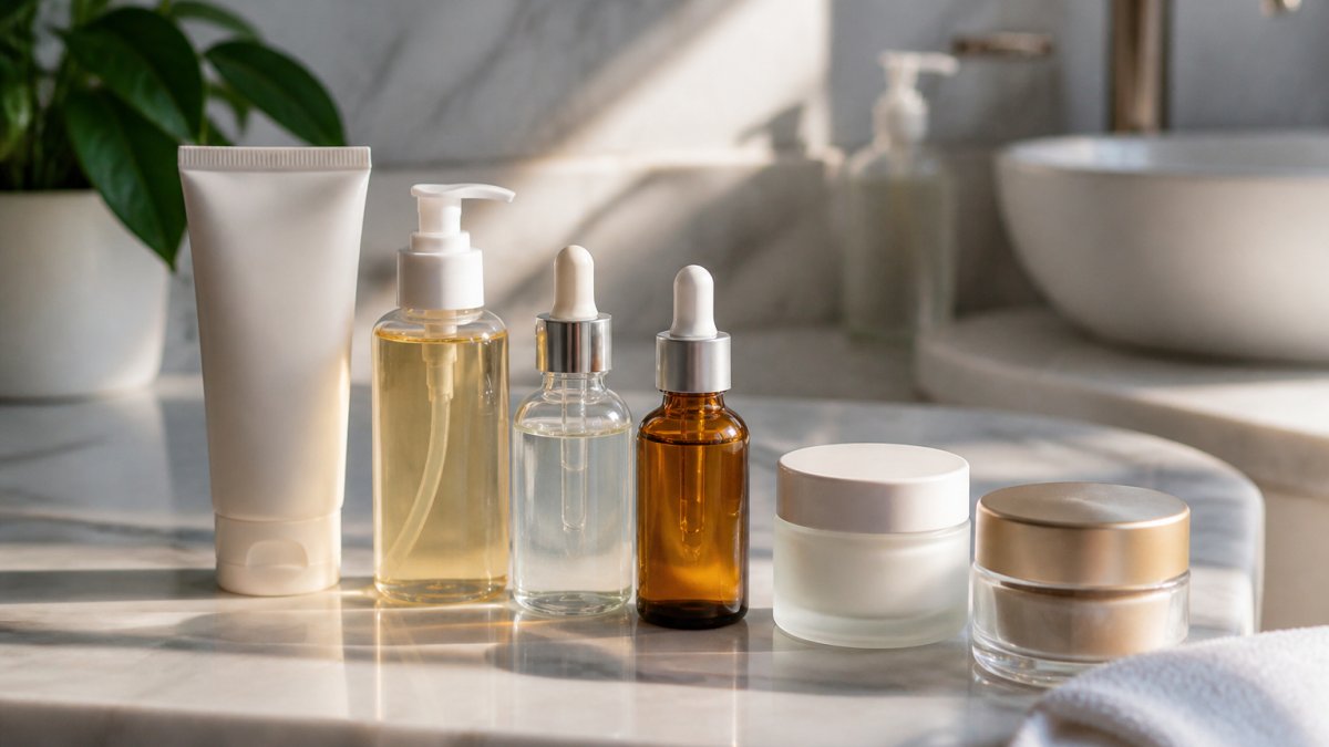 Step-by-step diagram of vetted skincare products for combination skin arranged for a daily morning routine
