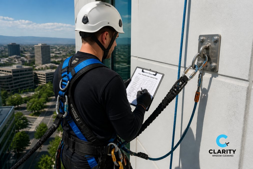 Professional window cleaning technician in full personal protective equipment with harness and safety gear conducting inspection on tall building facade, secured to anchor point with multiple safety lines visible, natural daylight on exterior wall