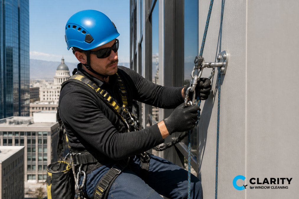 Close-up of certified window cleaning technician in full personal protective equipment with safety harness, helmet, and gloves, demonstrating proper equipment setup on high-rise building exterior with clear safety lines and anchor points visible