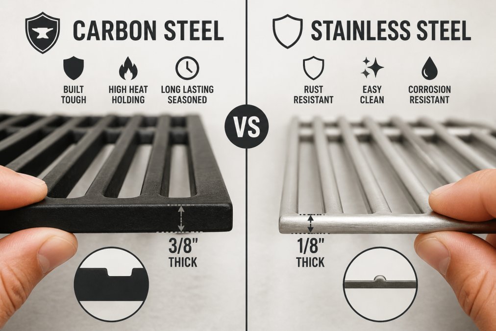 Two grate samples positioned side by side in natural outdoor light, a thick carbon steel grate on the left showing a dark seasoned patina, a polished stainless steel grate on the right, with a hand holding both to show the material thickness difference
