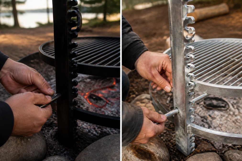 Close-up of hands adjusting the height lock mechanism on a heavy carbon steel campfire grill grate over glowing coals at dusk