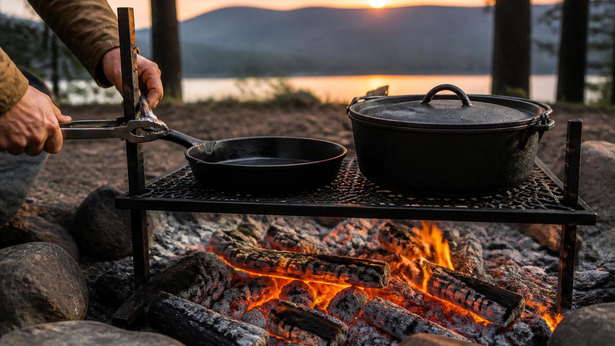 A cast iron dutch oven and shallow skillet resting on a heavy carbon steel grate over glowing campfire coals at dusk, with a person's hands adjusting the grate height using a pair of tongs