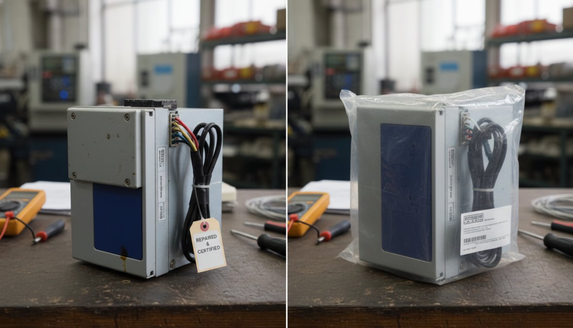 Close-up of a repaired industrial VFD unit sitting on a clean workbench in a well-lit repair facility, with a printed warranty certificate and quality inspection checklist placed beside it, showing quality control stamps and technician sign-off