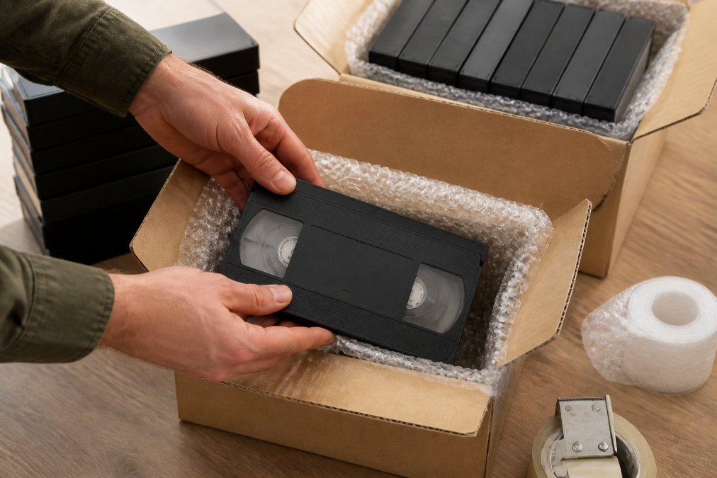 Hands carefully placing VHS tapes into protective storage boxes for shipping, showing proper packing materials and labelling
