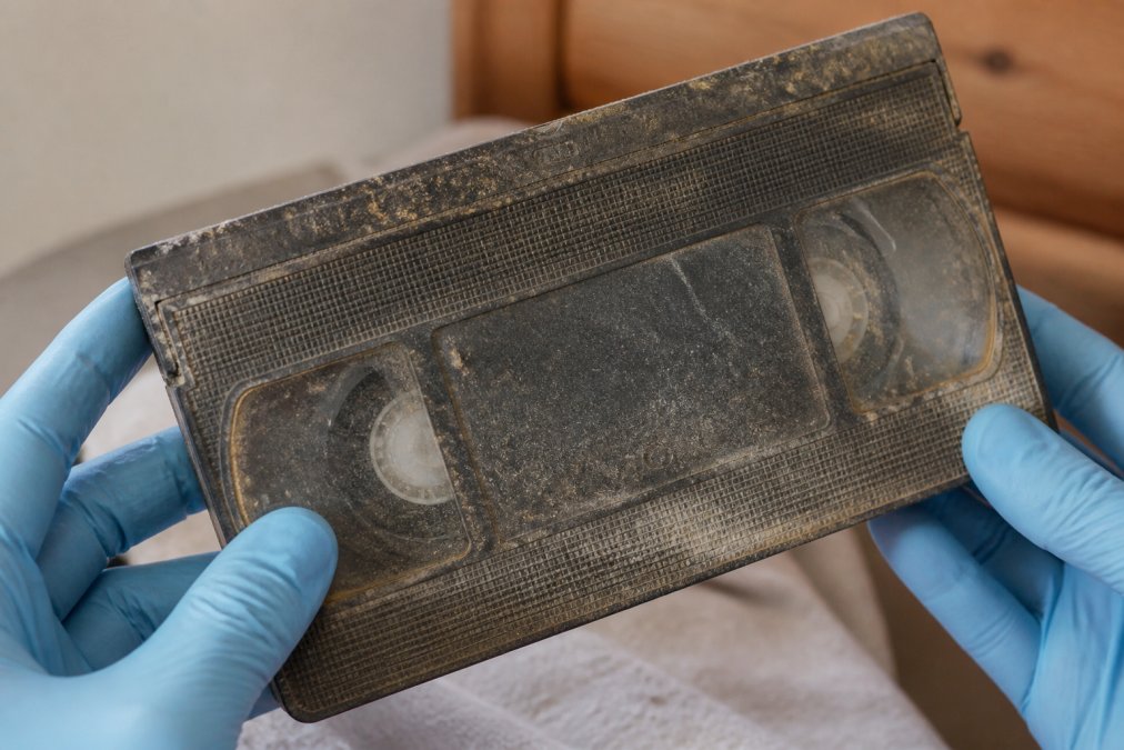 Close-up of hands carefully examining an aged VHS cassette showing visible dust, discolouration, and early mould spots on the plastic housing under natural light
