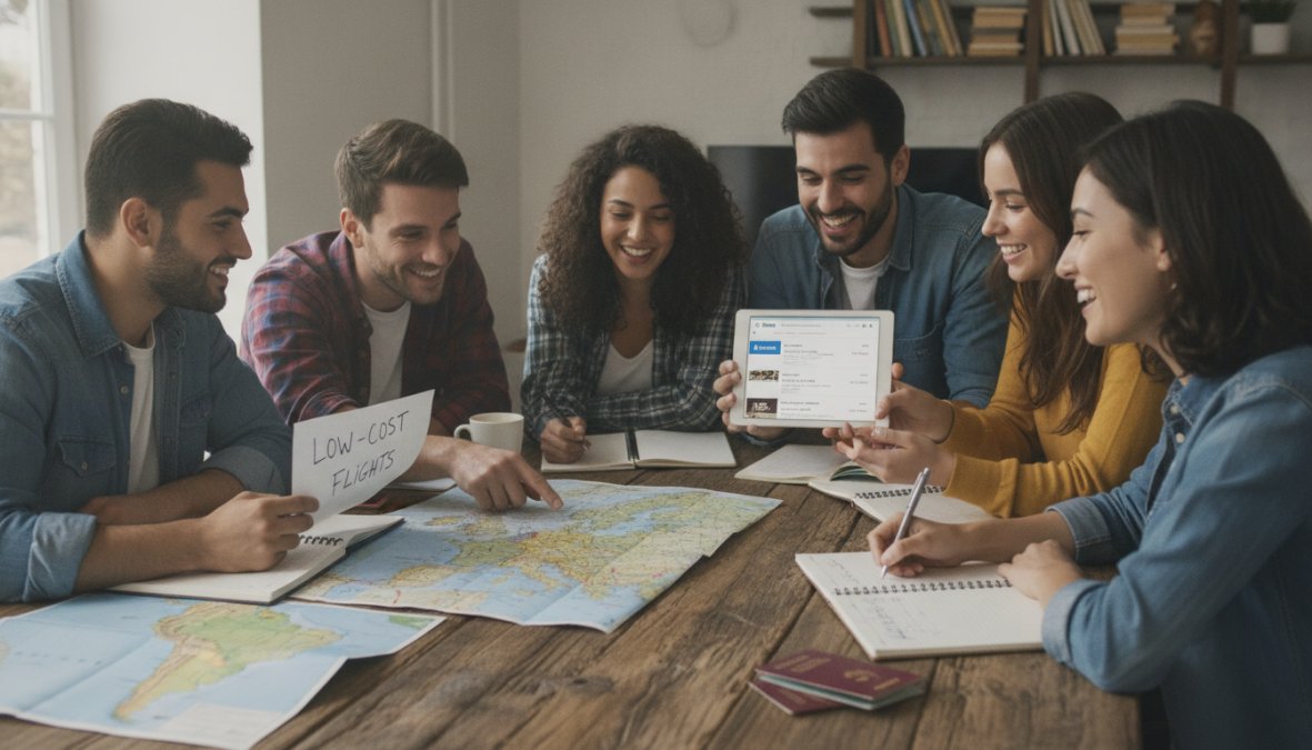 Viajar barato pero seguro en grupo: guía completa 2026 3 Grupo diverso de jóvenes planificando cómo viajar barato pero seguro en grupo con mapas y laptops sobre una mesa.
