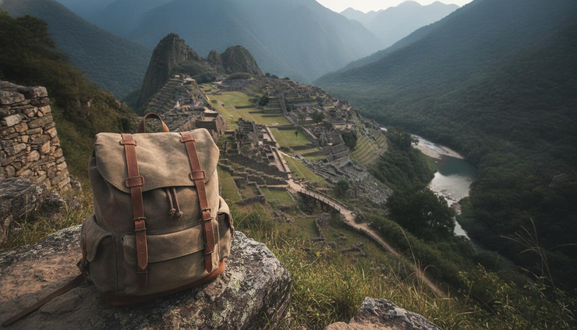 A solo traveler with a worn leather backpack standing at the edge of a remote mountain village with stone houses and terracotta rooftops, surrounded by terraced green fields under golden afternoon light, no other tourists visible