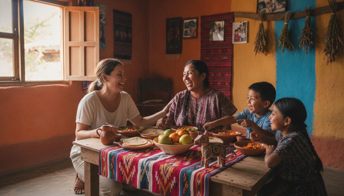 A traveler laughing and sharing a home-cooked meal with a local family of four around a wooden table inside a modest rural home decorated with handmade textiles and ceramic crafts, warm candlelight illuminating the scene