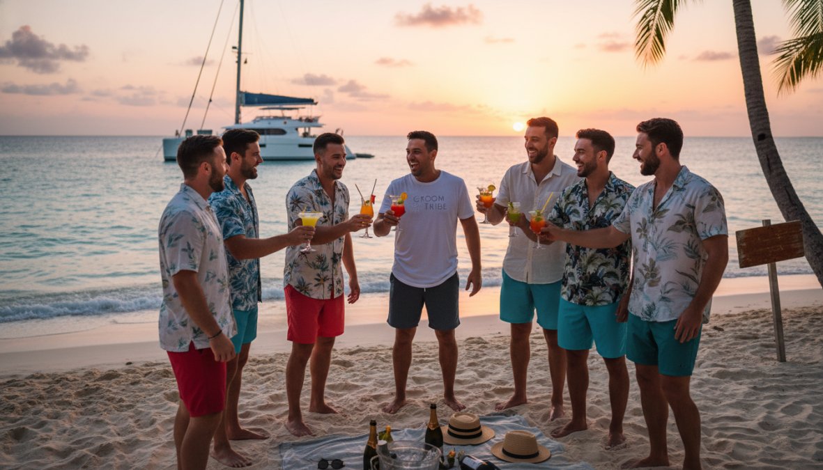 Grupo de amigos celebrando en la cubierta de un catamarán bajo el sol del Caribe, con bebidas en mano, agua turquesa de fondo y expresiones de alegría genuina