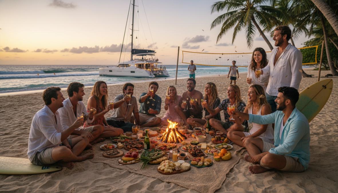 Grupo de jóvenes bailando en un club de playa al atardecer, con DJ en el escenario, luces de colores sobre la arena blanca y el mar al fondo