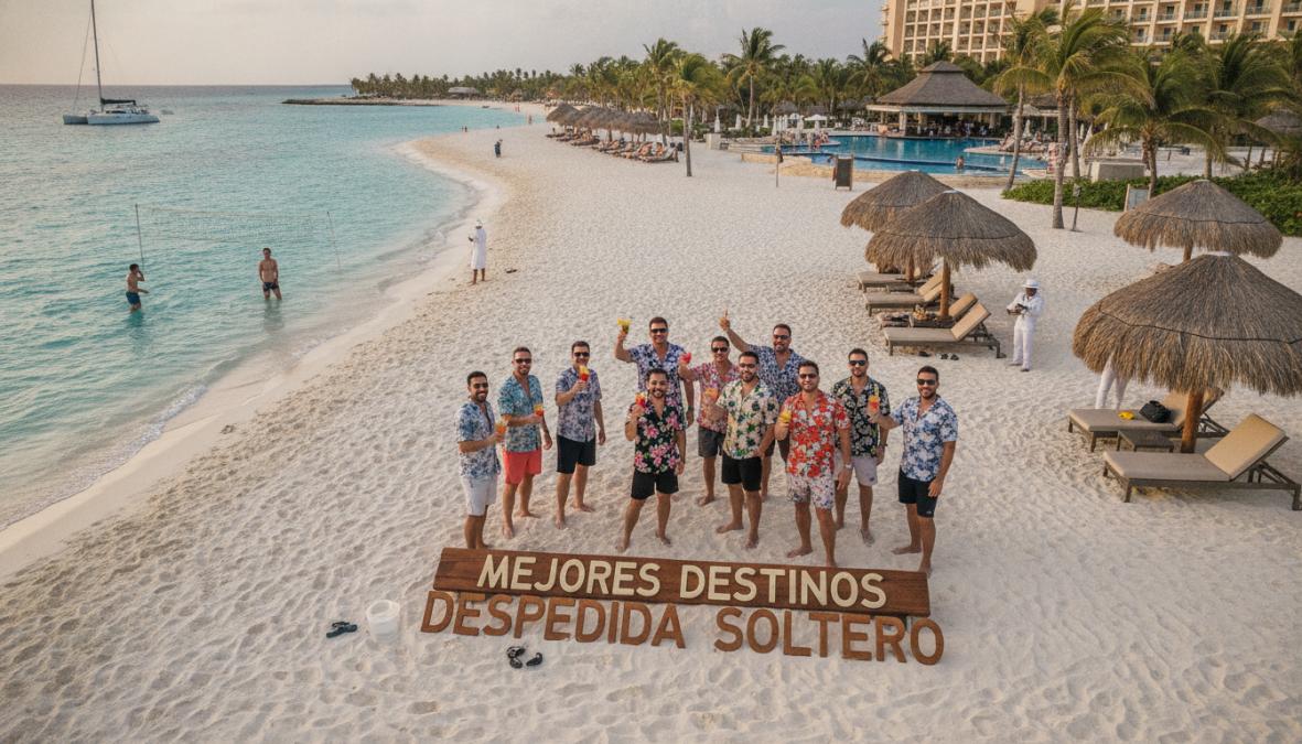 Grupo de amigos celebrando en la terraza de la piscina de un resort de lujo en Cancún, con bebidas en mano, riendo bajo un cielo soleado y el mar Caribe de fondo, ambiente festivo y colorido