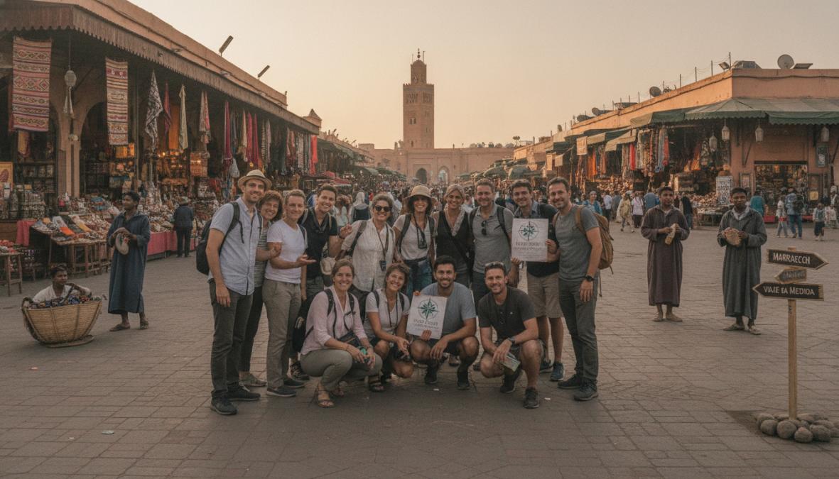 Viajes organizados a medida para grupos: guía completa 4 Viajeros explorando un mercado tradicional de especias en Marrakech, Marruecos, con puestos coloridos de telas y especias bajo la luz cálida de la tarde, guía local señalando productos a un grupo de turistas atentos