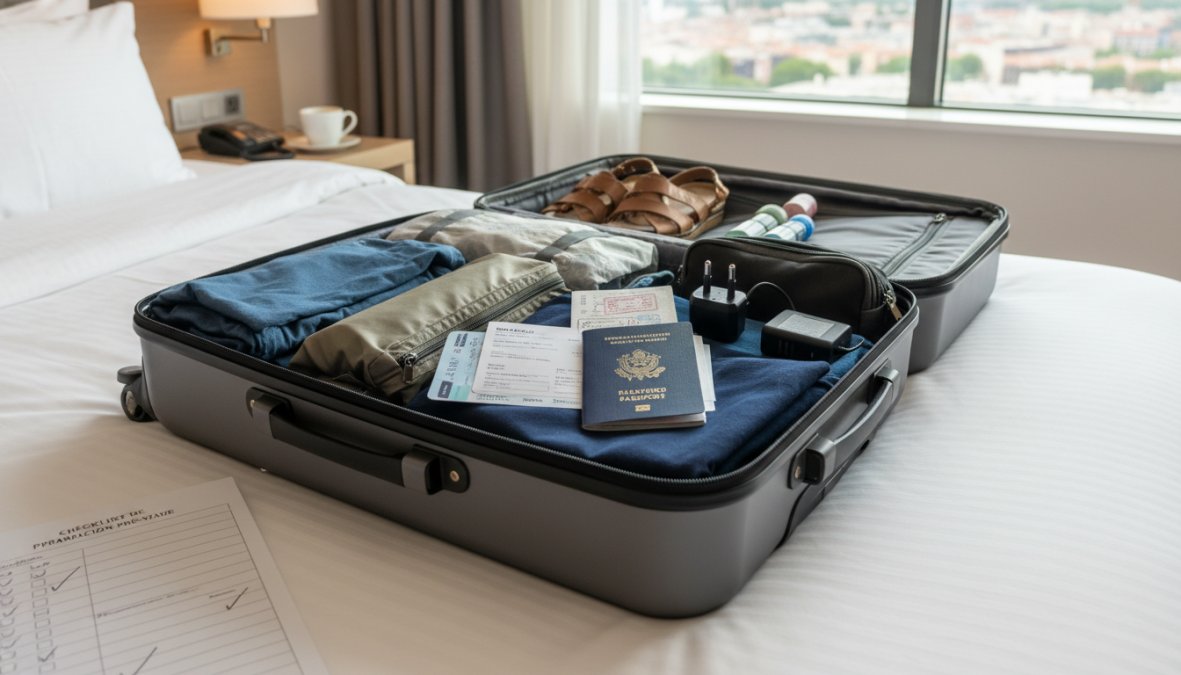Maleta abierta y bien organizada sobre una cama con pasaporte, documentos de viaje, adaptador de corriente eléctrica y ropa doblada en compartimentos ordenados, lista para un viaje internacional, con luz natural entrando por una ventana