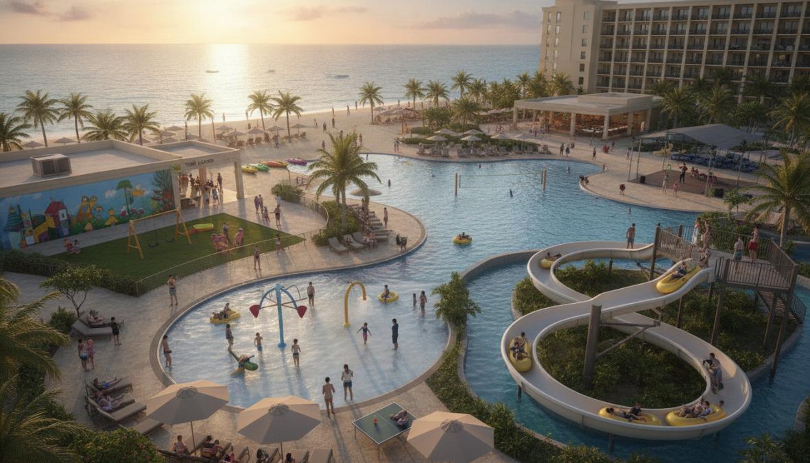 Familia joven con dos niños pequeños disfrutando en la piscina de un resort caribeño todo incluido, padres sonriendo mientras los niños juegan con flotadores de colores bajo un cielo azul