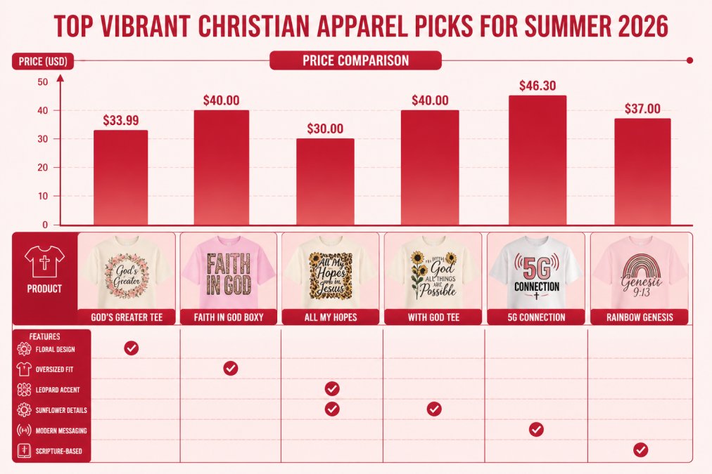 Bar chart comparing pricing and key features of vibrant Christian apparel for summer 2026: God's Greater Tee $33.99 (floral design), Faith In God Boxy $40.00 (oversized), All My Hopes $30.00 (leopard-sunflower), With God Tee $40.00 (sunflower details), 5G Connection $46.30 (modern messaging), Rainbow Genesis $37.00 (scripture-based)