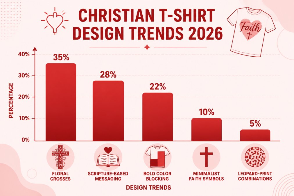 Bar chart showing top Christian t-shirt design trends for 2026: floral crosses (35%), scripture-based messaging (28%), bold color blocking (22%), minimalist faith symbols (10%), leopard-print combinations (5%)