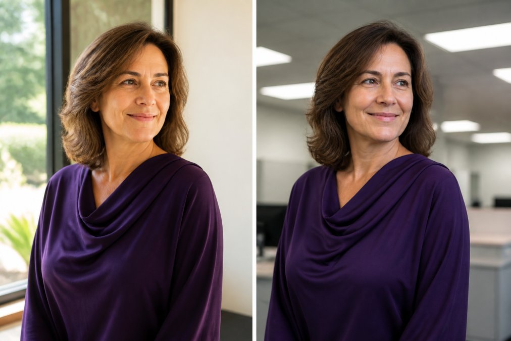 Split-screen comparison of a middle-aged woman wearing the same jewel-tone fabric in natural daylight and fluorescent lighting, showing how undertone and skin contrast appear differently